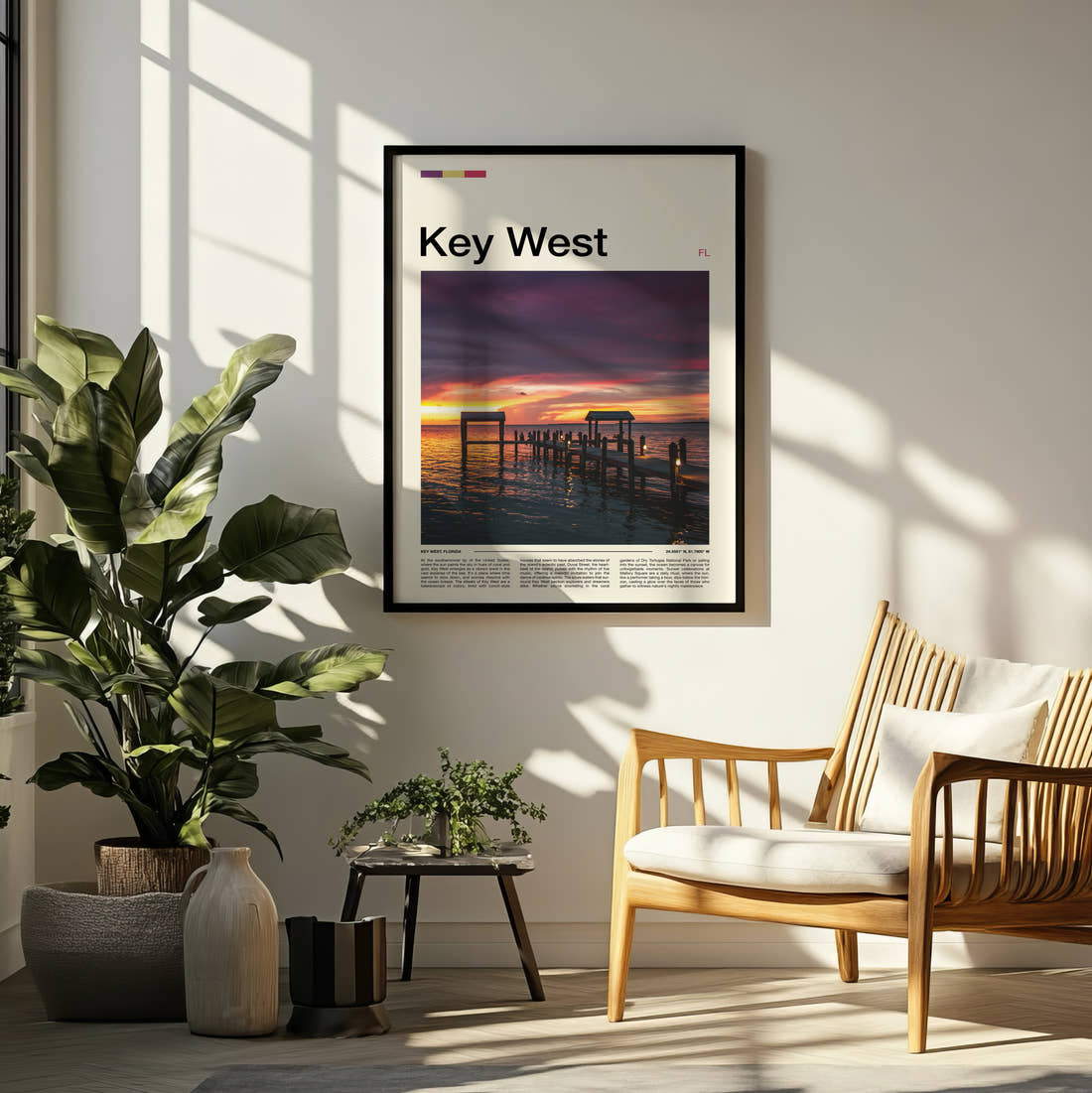 Key West Wooden Pier At Sunset Travel Print framed on a pale wall beside houseplants