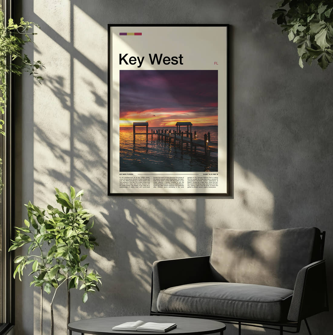 Key West Wooden Pier At Sunset Travel Print framed on the wall of a relaxed living room