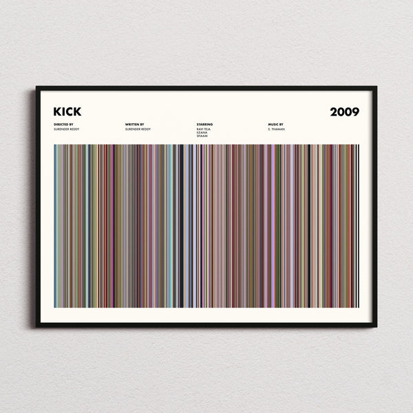 Kick 2009 Movie Barcode Poster framed and photographed straight on
