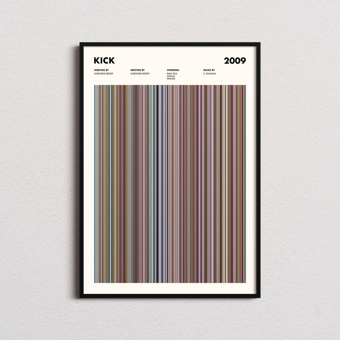 Kick 2009 Movie Barcode Poster framed on a plain studio wall