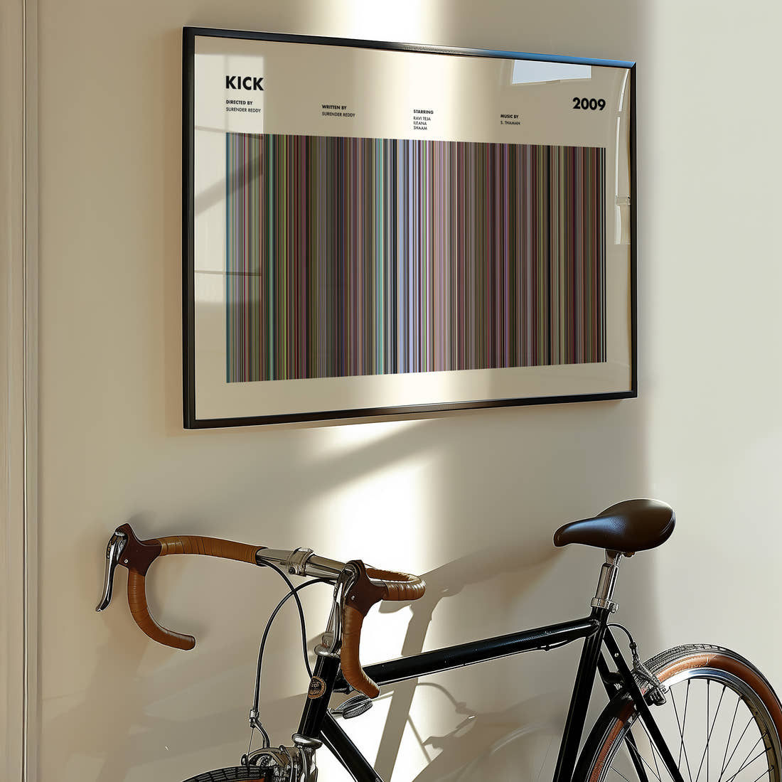 Kick 2009 Movie Barcode Poster framed on the wall of a styled room setting