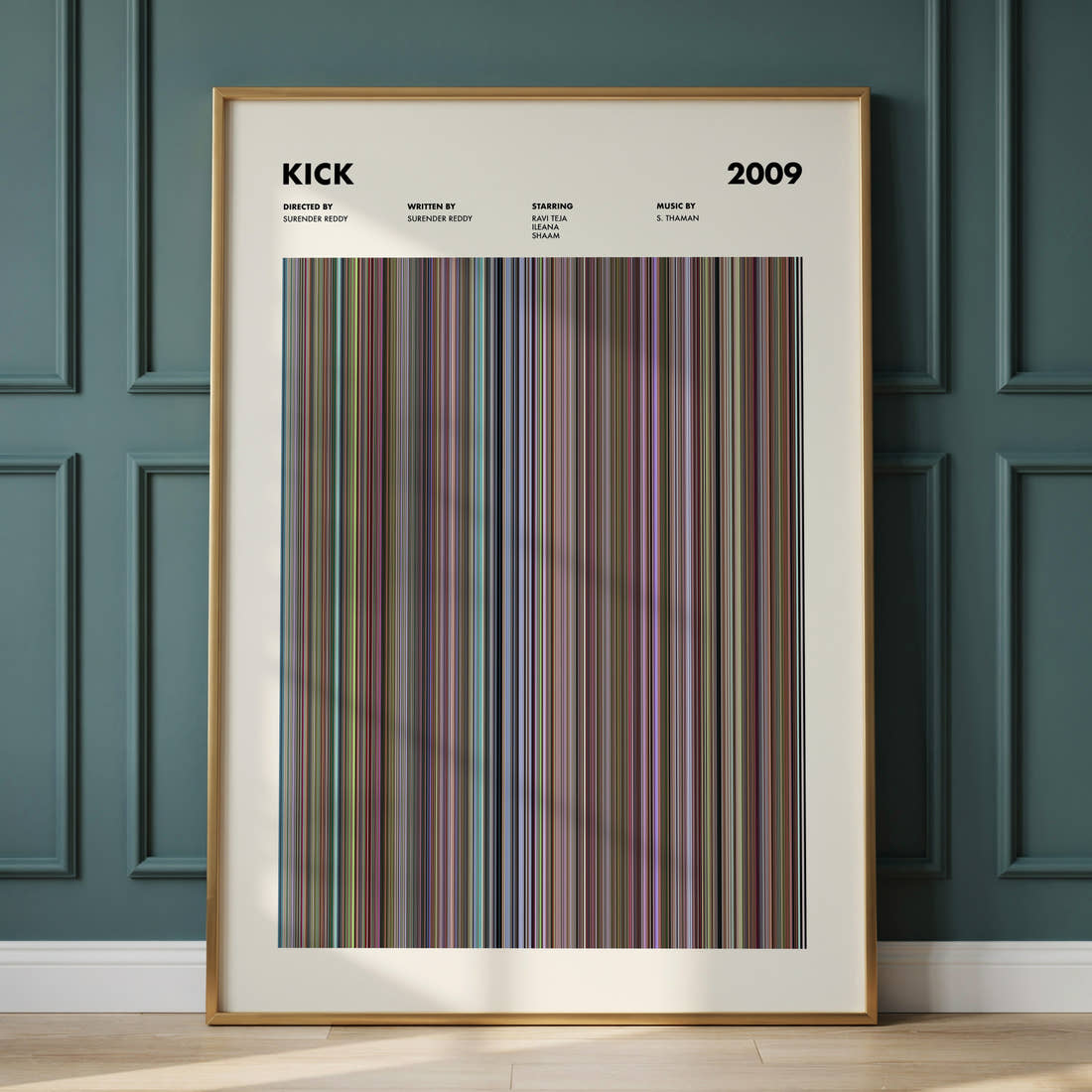Kick 2009 Movie Barcode Poster framed and leaning against a panelled wall