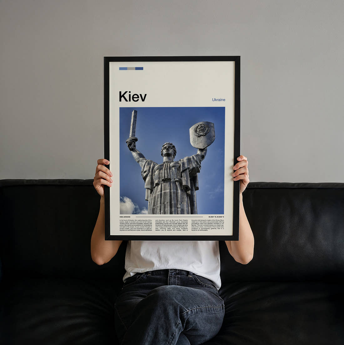 Kiev Motherland Monument Travel Print held up by hand to show the size of the print
