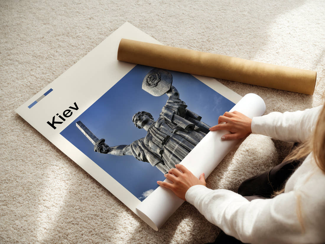 Kiev Motherland Monument Travel Print being unrolled from its postal tube