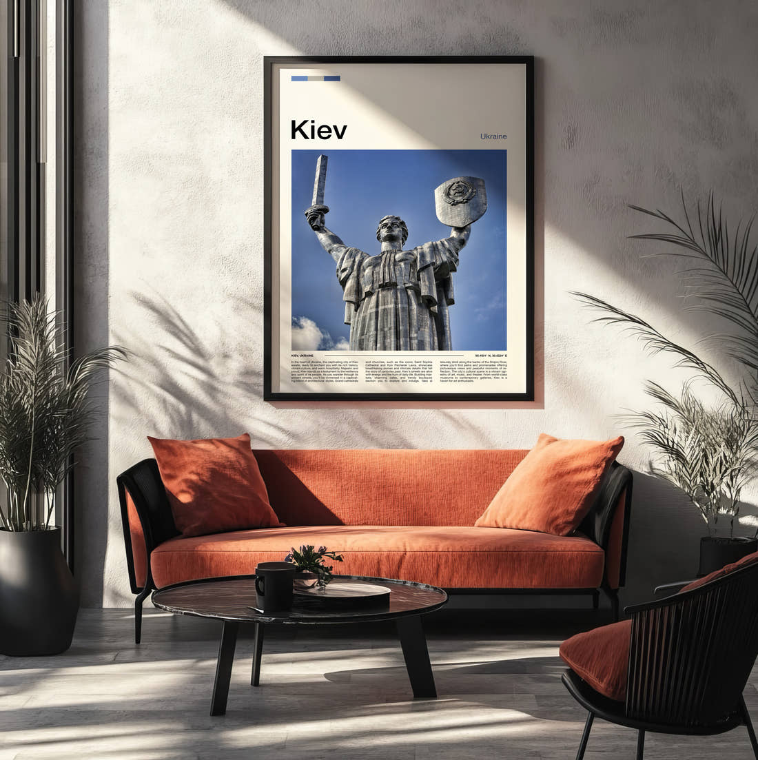 Kiev Motherland Monument Travel Print framed on the wall of a modern living room