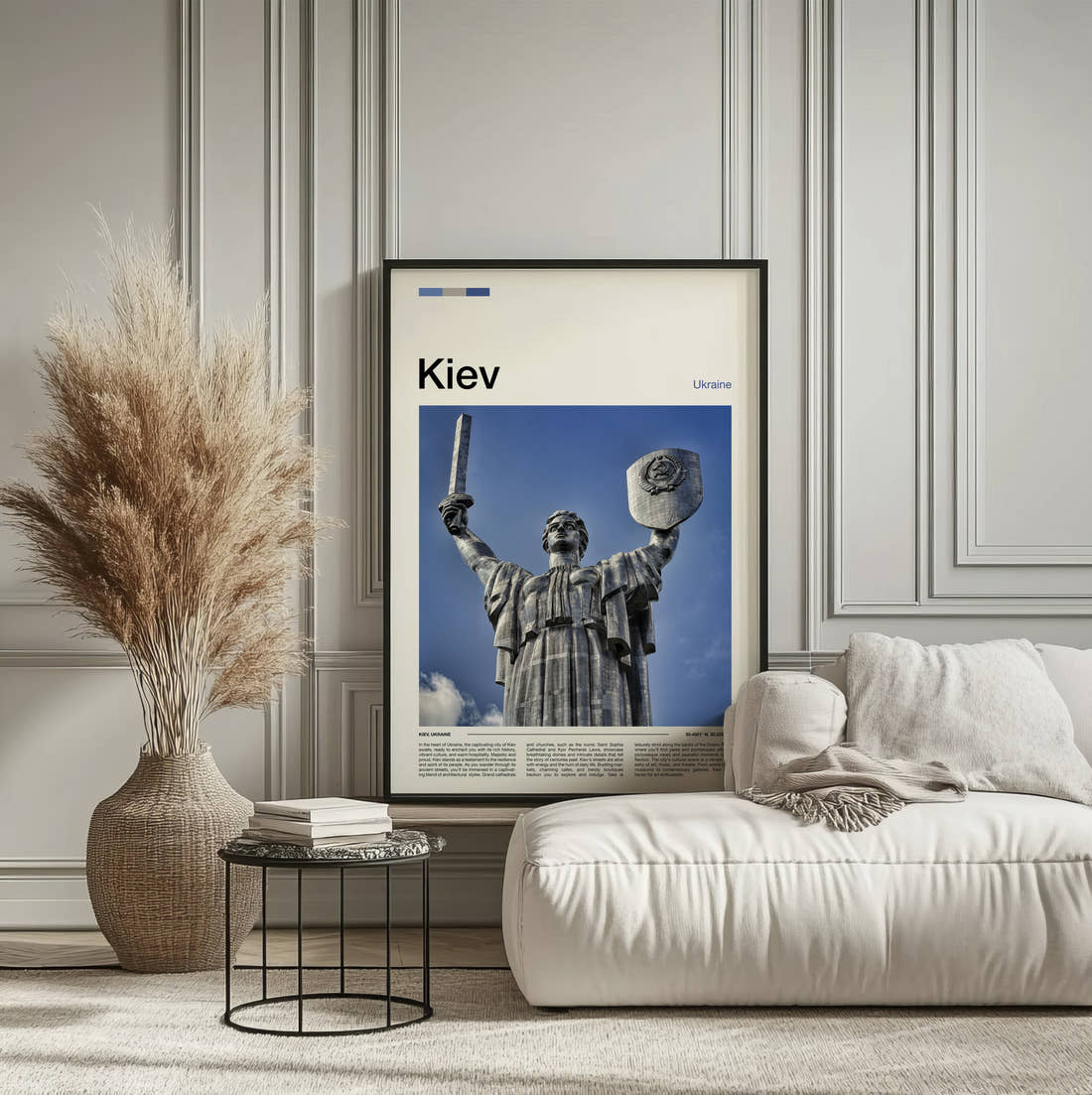 Kiev Motherland Monument Travel Print framed on the wall of a calm, neutral bedroom