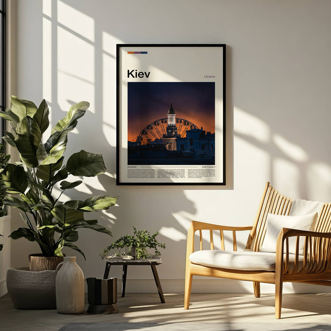 Kiev Ferris Wheel And Tower Travel Print framed on a pale wall beside houseplants