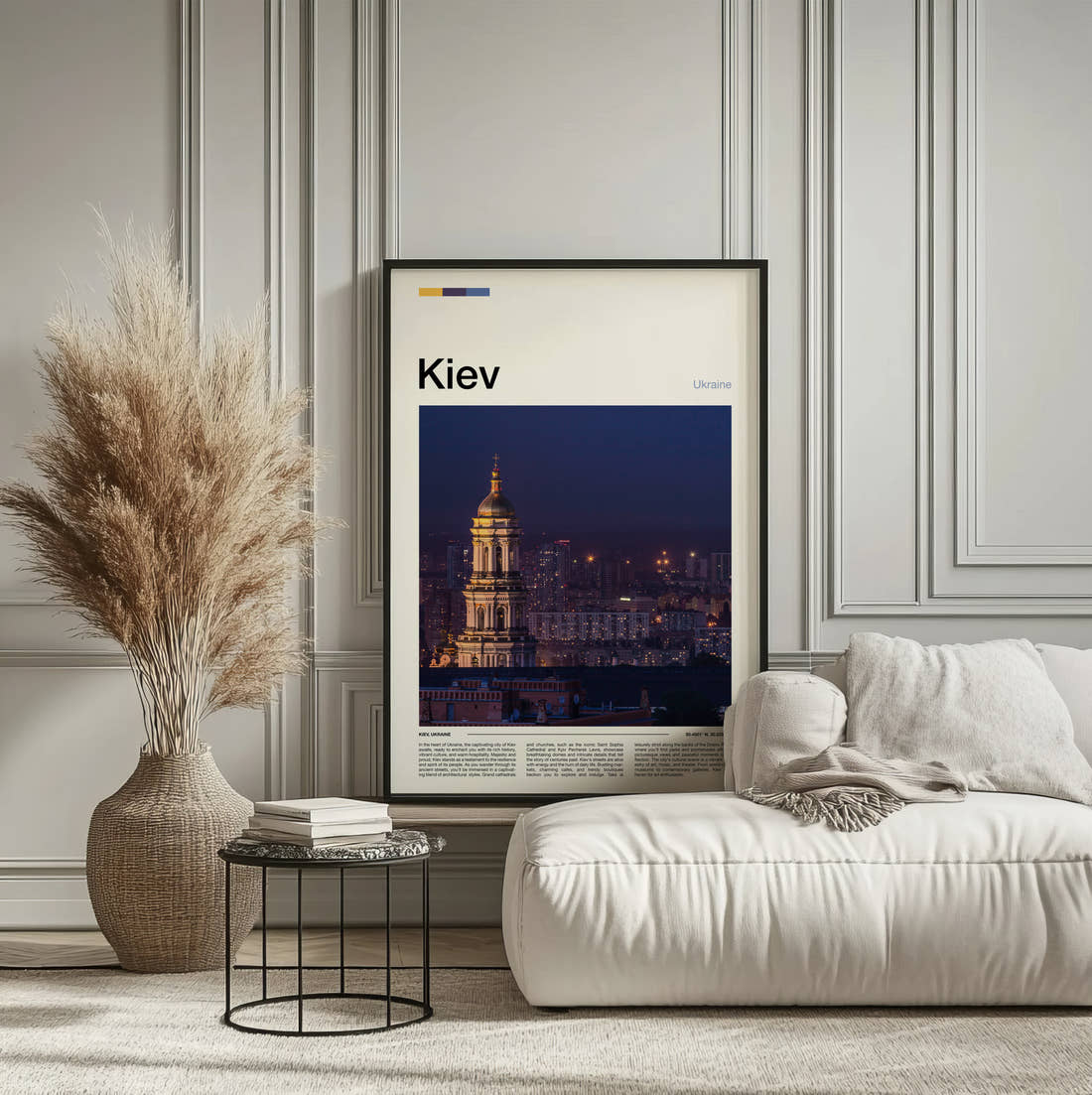 Kiev Great Lavra Bell Tower Travel Print framed on the wall of a calm, neutral bedroom