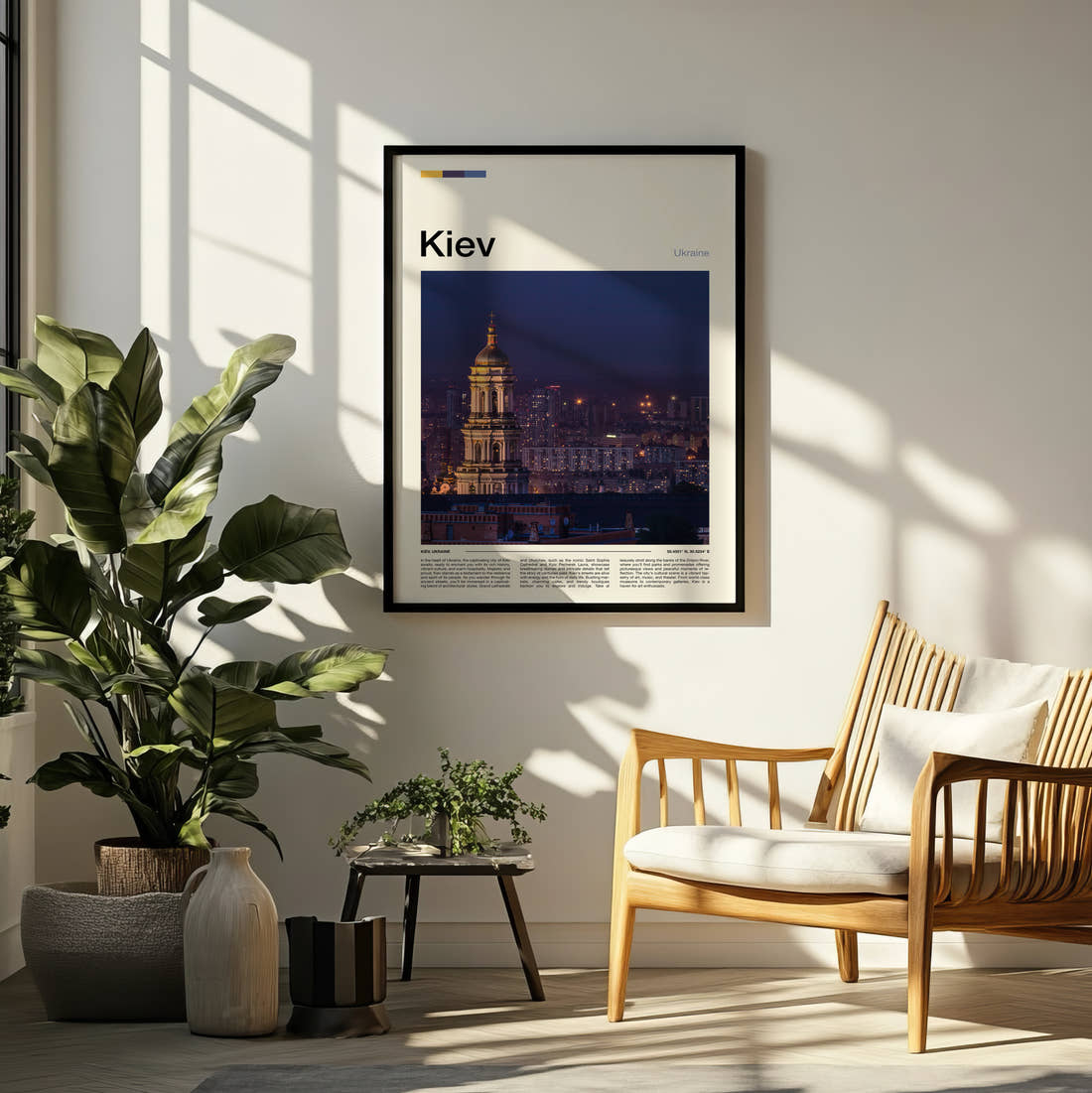 Kiev Great Lavra Bell Tower Travel Print framed on a pale wall beside houseplants