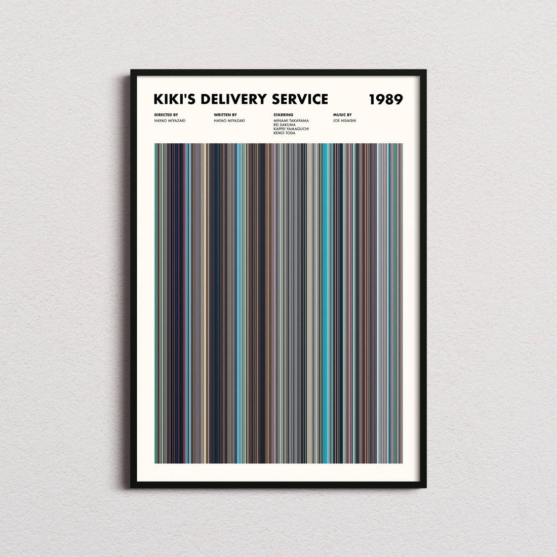 Kiki's Delivery Service Movie Barcode Poster framed on a plain studio wall
