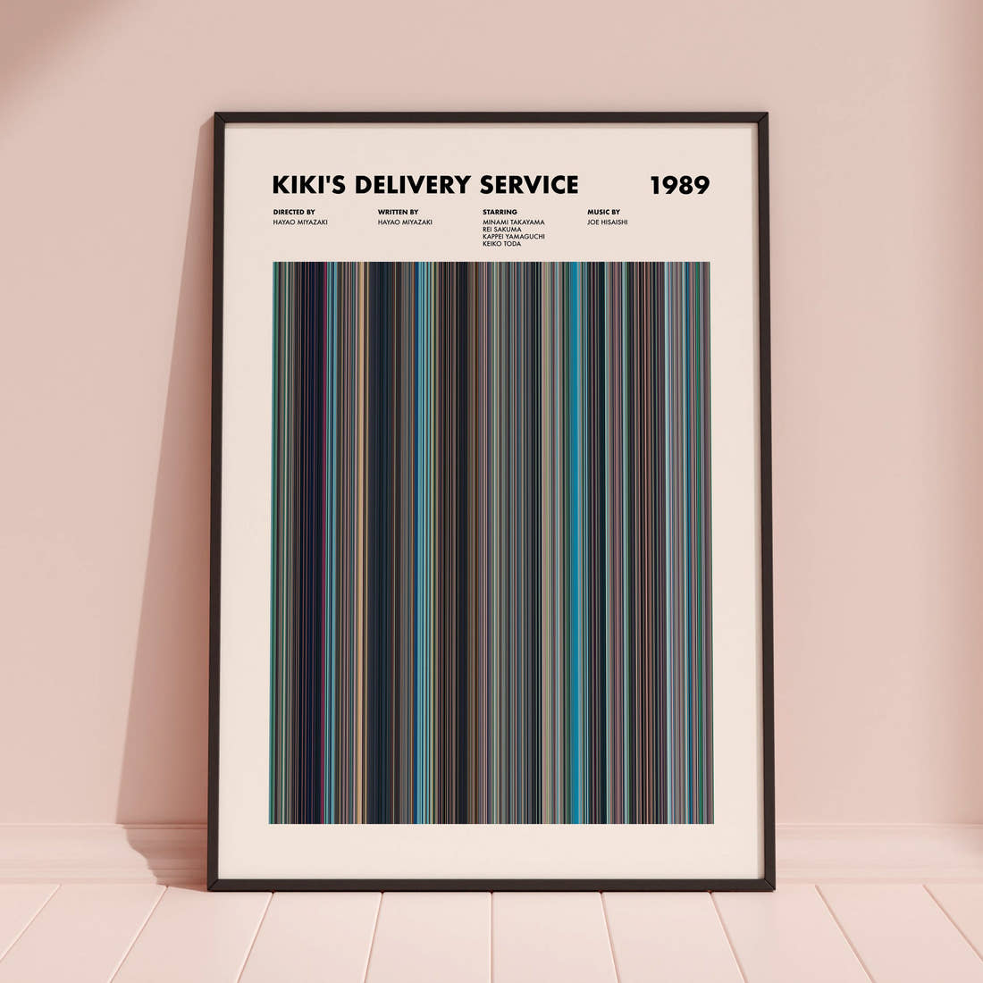 Kiki's Delivery Service Movie Barcode Poster framed and leaning against a coloured wall