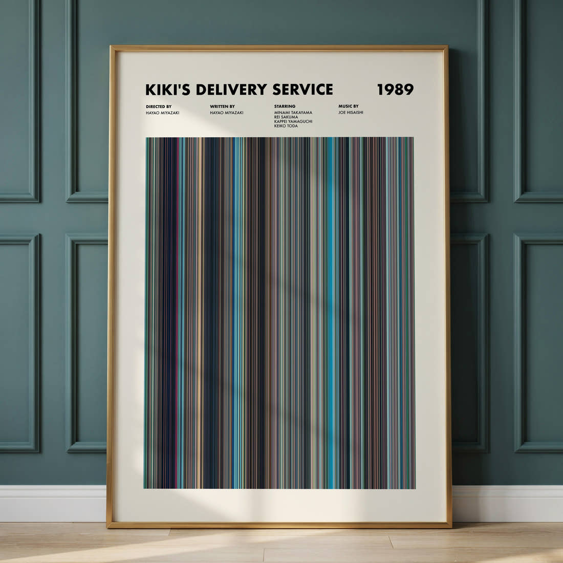 Kiki's Delivery Service Movie Barcode Poster framed and leaning against a panelled wall