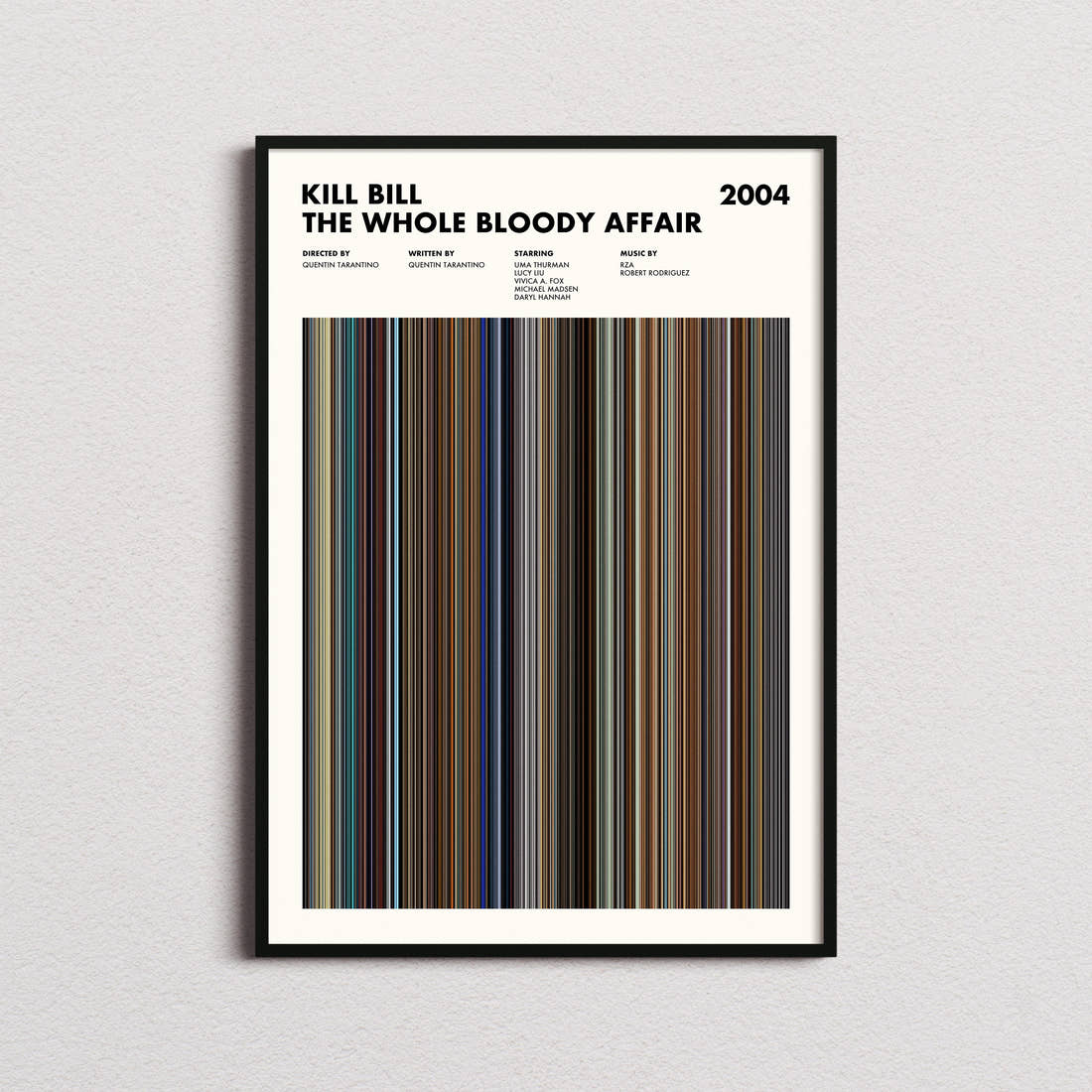 Kill Bill: The Whole Bloody Affair Movie Barcode Poster framed on a plain studio wall