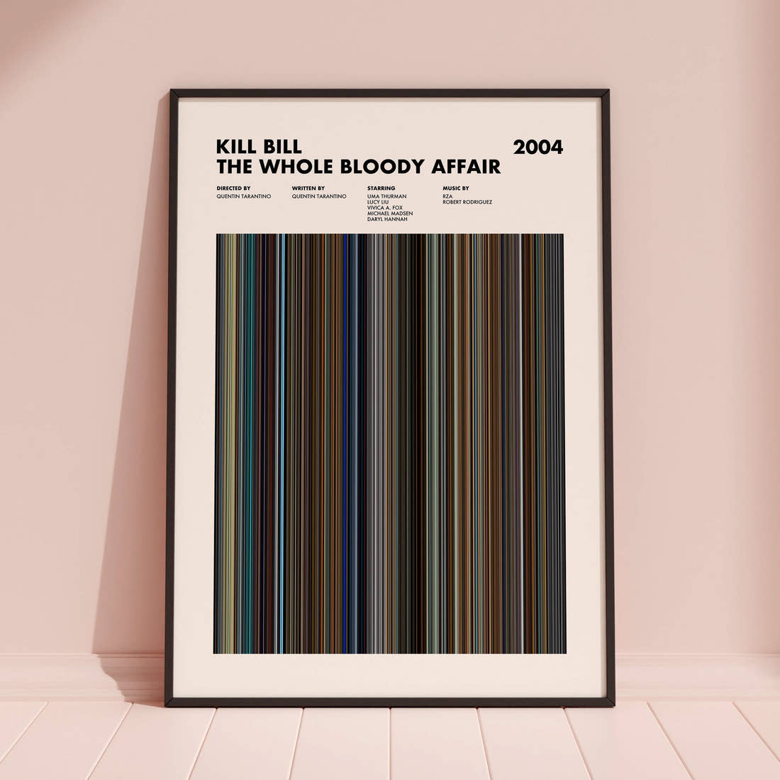 Kill Bill: The Whole Bloody Affair Movie Barcode Poster framed and leaning against a coloured wall