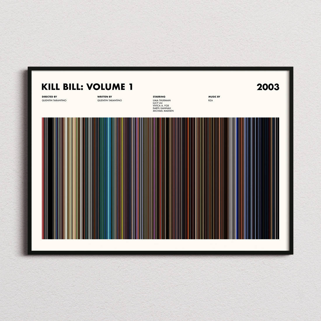 Kill Bill: Volume 1 Movie Barcode Poster framed and photographed straight on