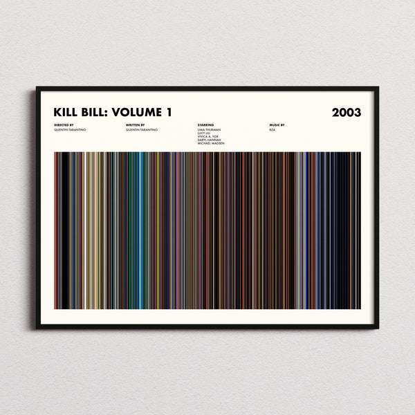 Kill Bill: Volume 1 Movie Barcode Poster framed and photographed straight on