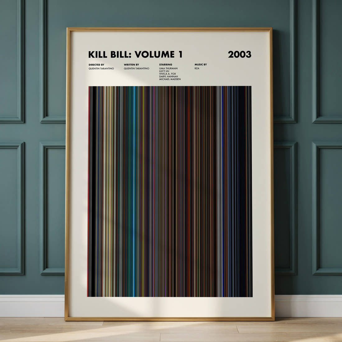 Kill Bill: Volume 1 Movie Barcode Poster framed and leaning against a panelled wall