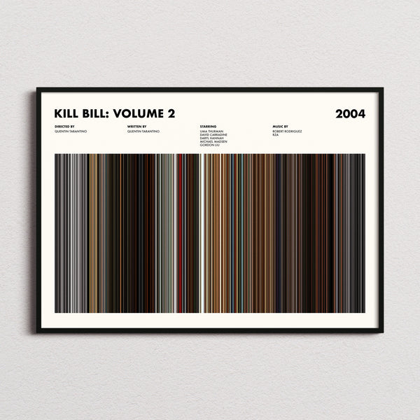 Kill Bill: Volume 2 Movie Barcode Poster framed and photographed straight on