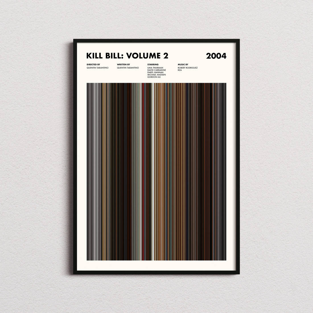 Kill Bill: Volume 2 Movie Barcode Poster framed on a plain studio wall