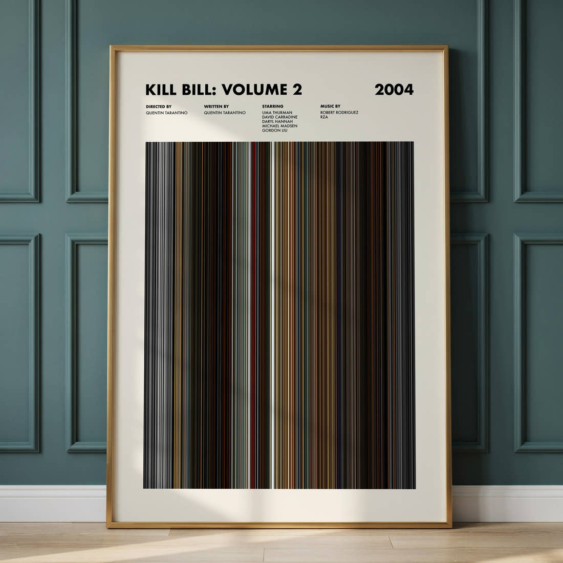 Kill Bill: Volume 2 Movie Barcode Poster framed and leaning against a panelled wall