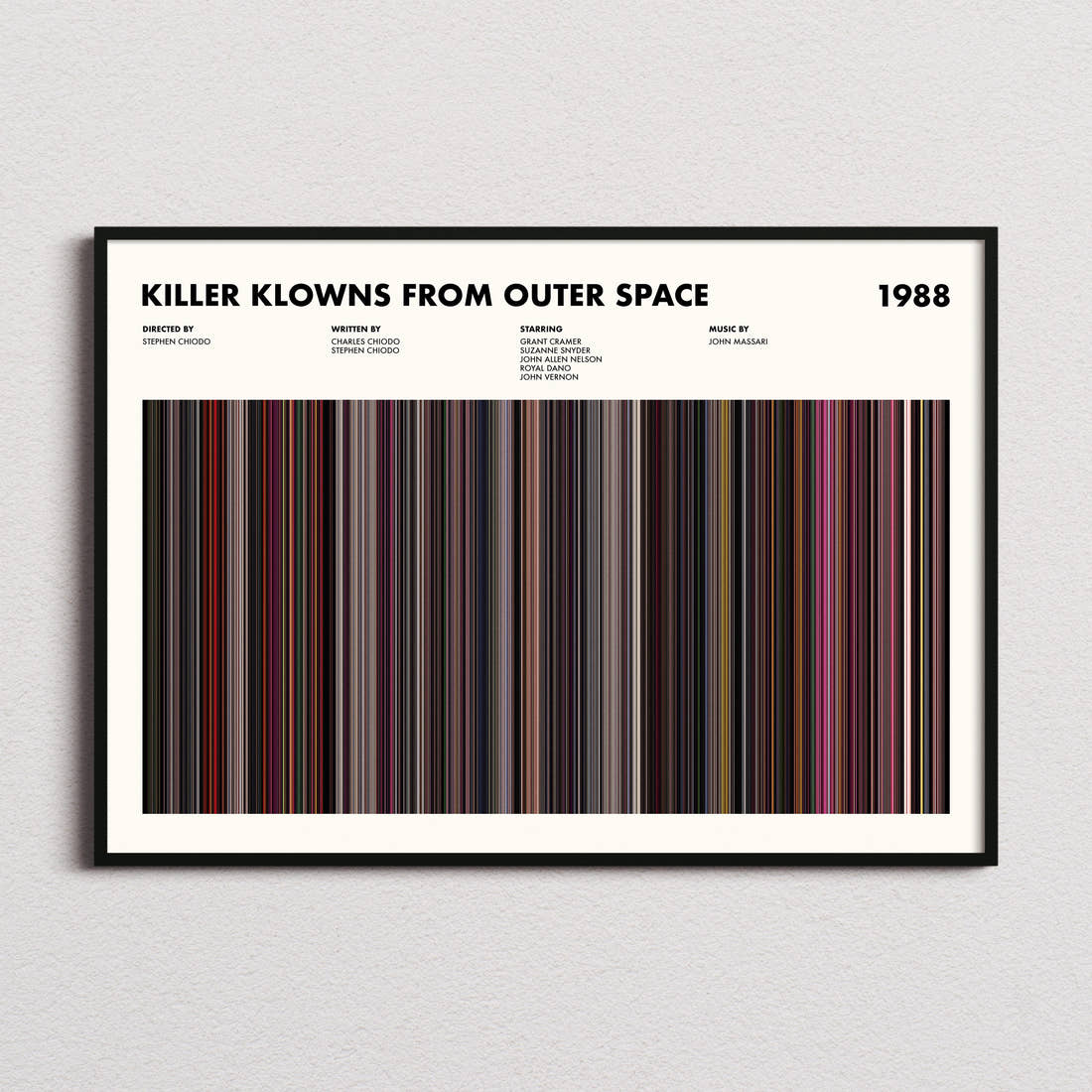 Killer Klowns From Outer Space Movie Barcode Poster framed and photographed straight on