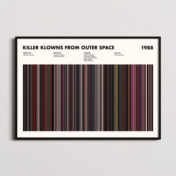 Killer Klowns From Outer Space Movie Barcode Poster framed and photographed straight on