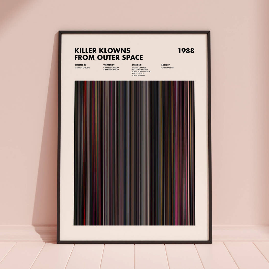 Killer Klowns From Outer Space Movie Barcode Poster framed and leaning against a coloured wall