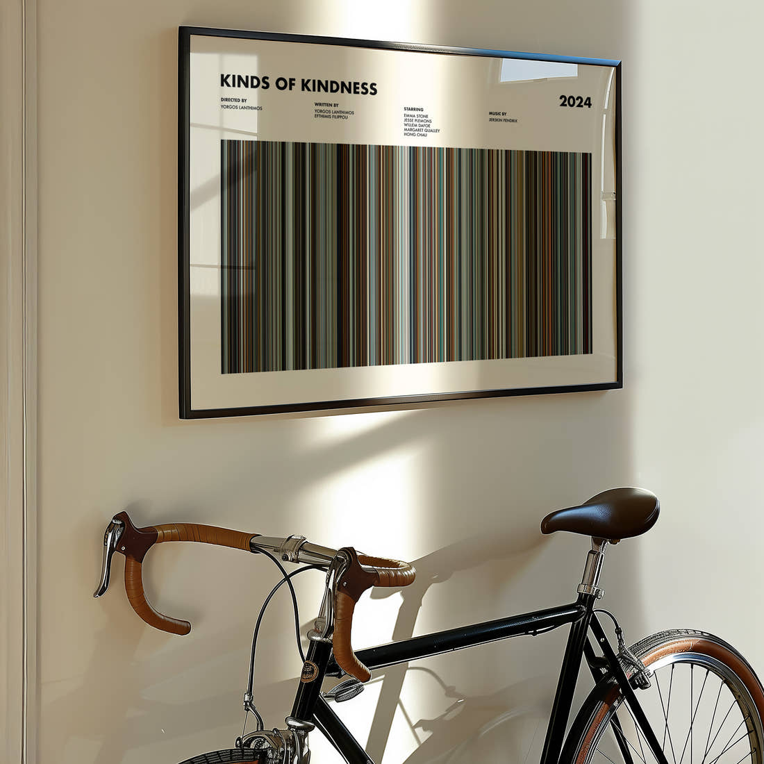 Kinds of Kindness Movie Barcode Poster framed on the wall of a styled room setting