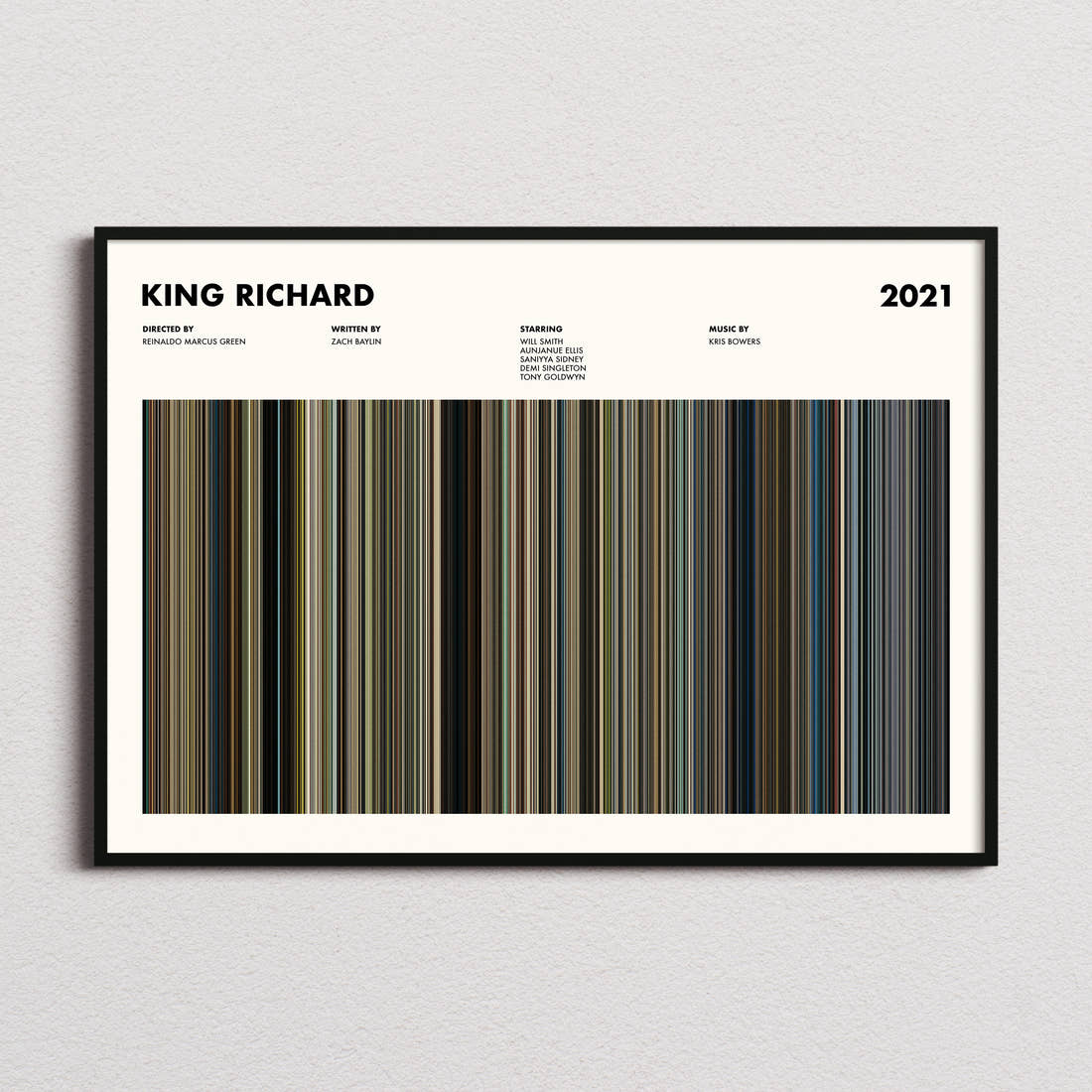 King Richard Movie Barcode Poster framed and photographed straight on