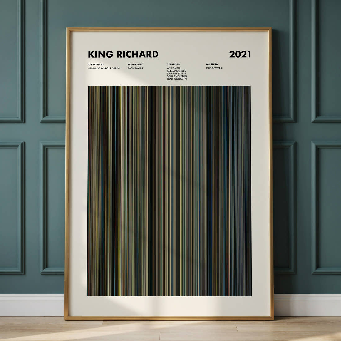 King Richard Movie Barcode Poster framed and leaning against a panelled wall