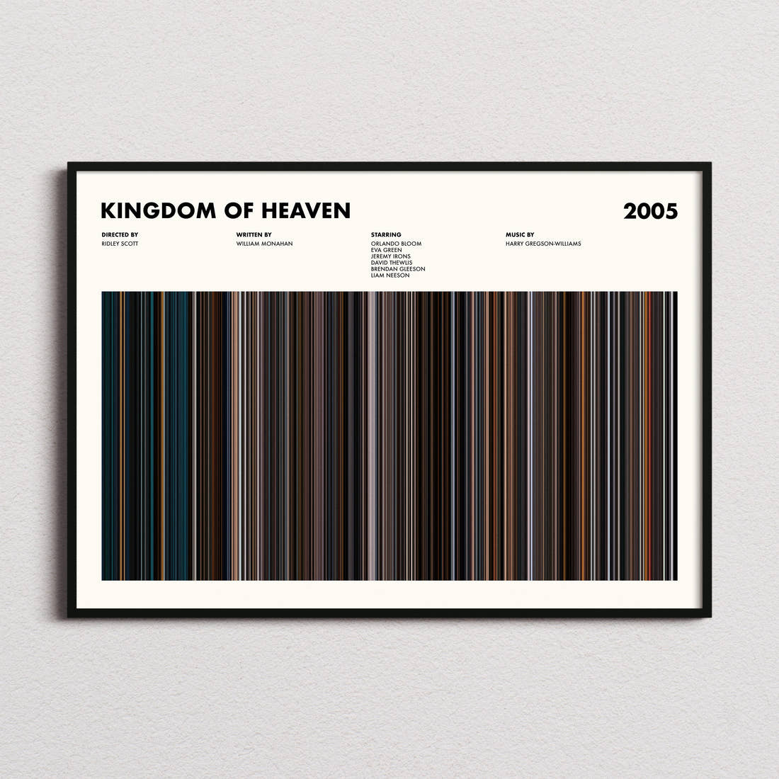 Kingdom of Heaven Movie Barcode Poster framed and photographed straight on