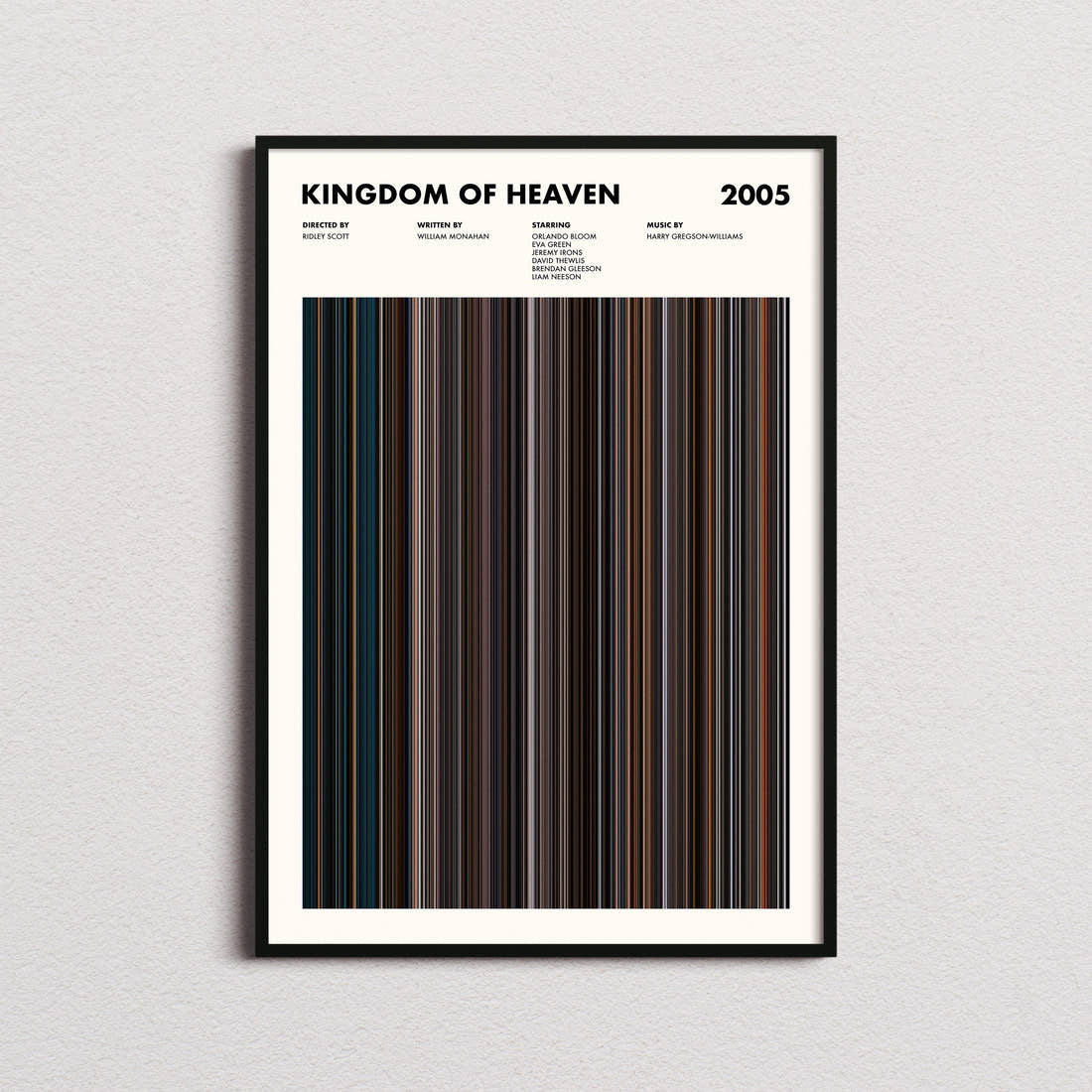 Kingdom of Heaven Movie Barcode Poster framed on a plain studio wall