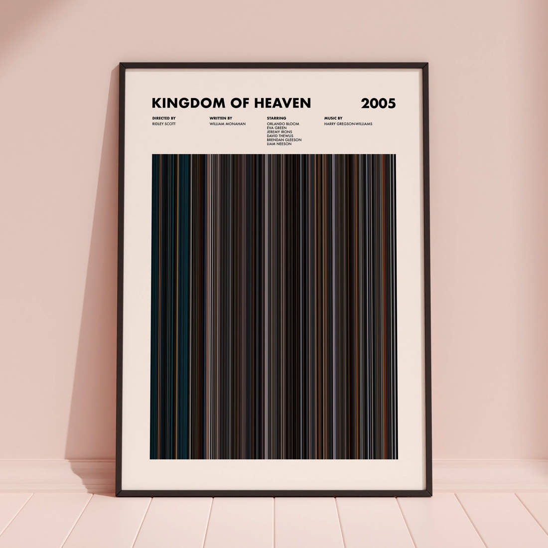 Kingdom of Heaven Movie Barcode Poster framed and leaning against a coloured wall