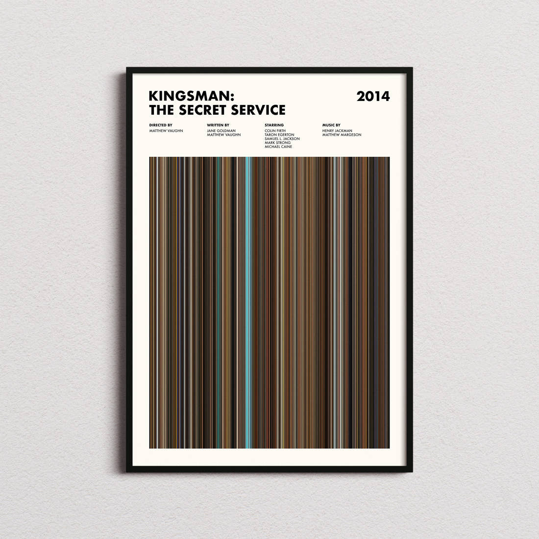 Kingsman the Secret Service Movie Barcode Poster framed on a plain studio wall