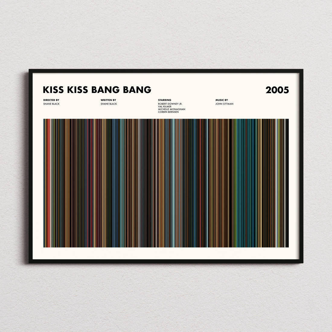 Kiss Kiss Bang Bang Movie Barcode Poster framed and photographed straight on