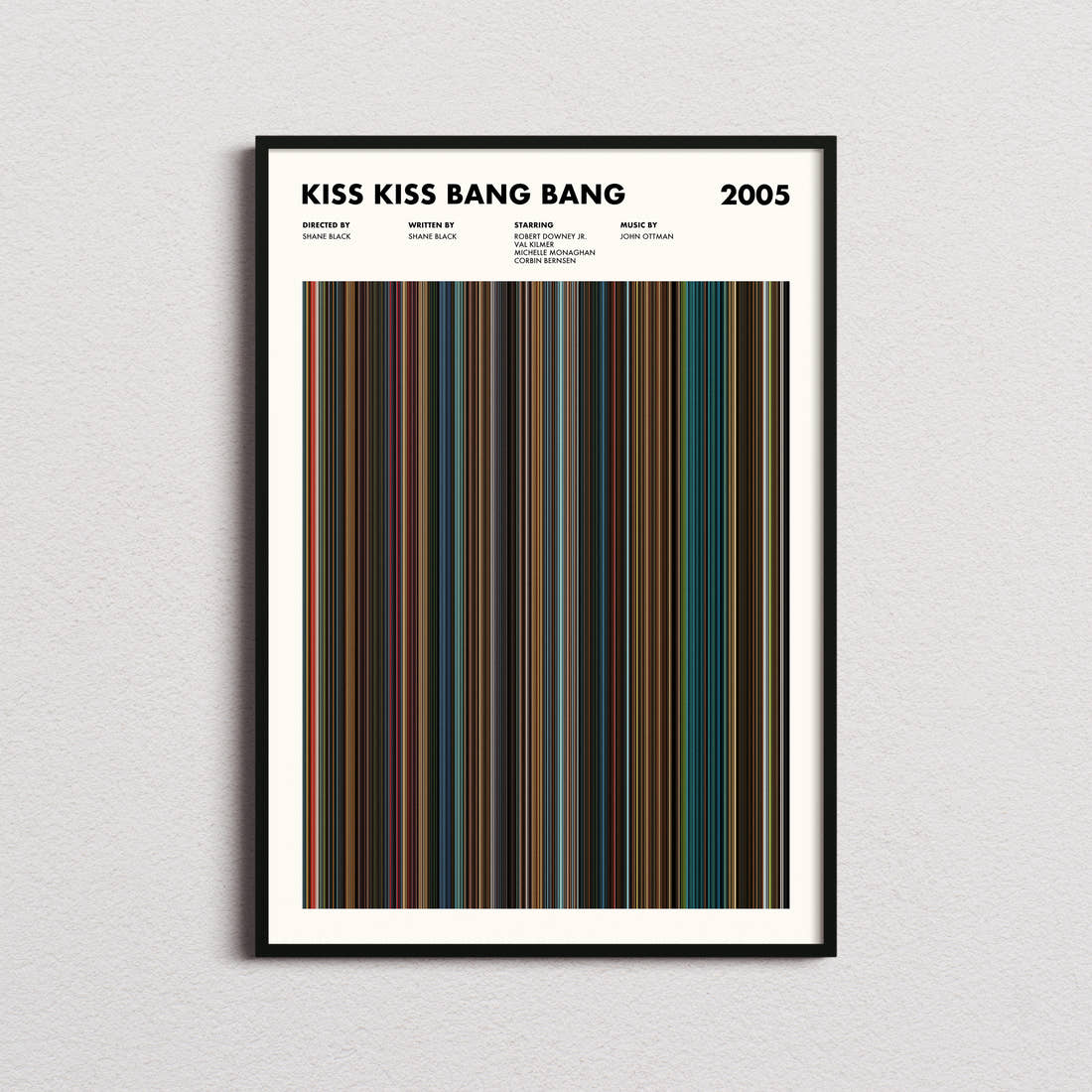 Kiss Kiss Bang Bang Movie Barcode Poster framed on a plain studio wall