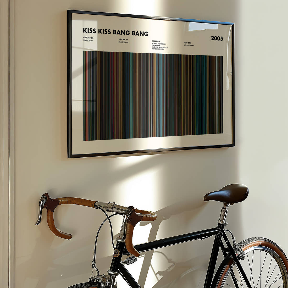 Kiss Kiss Bang Bang Movie Barcode Poster framed on the wall of a styled room setting