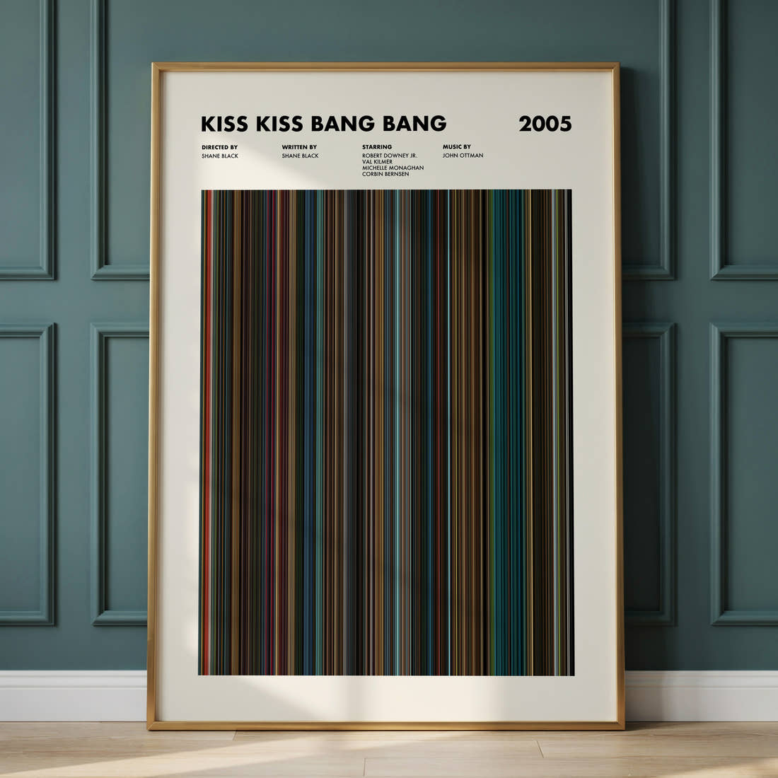 Kiss Kiss Bang Bang Movie Barcode Poster framed and leaning against a panelled wall
