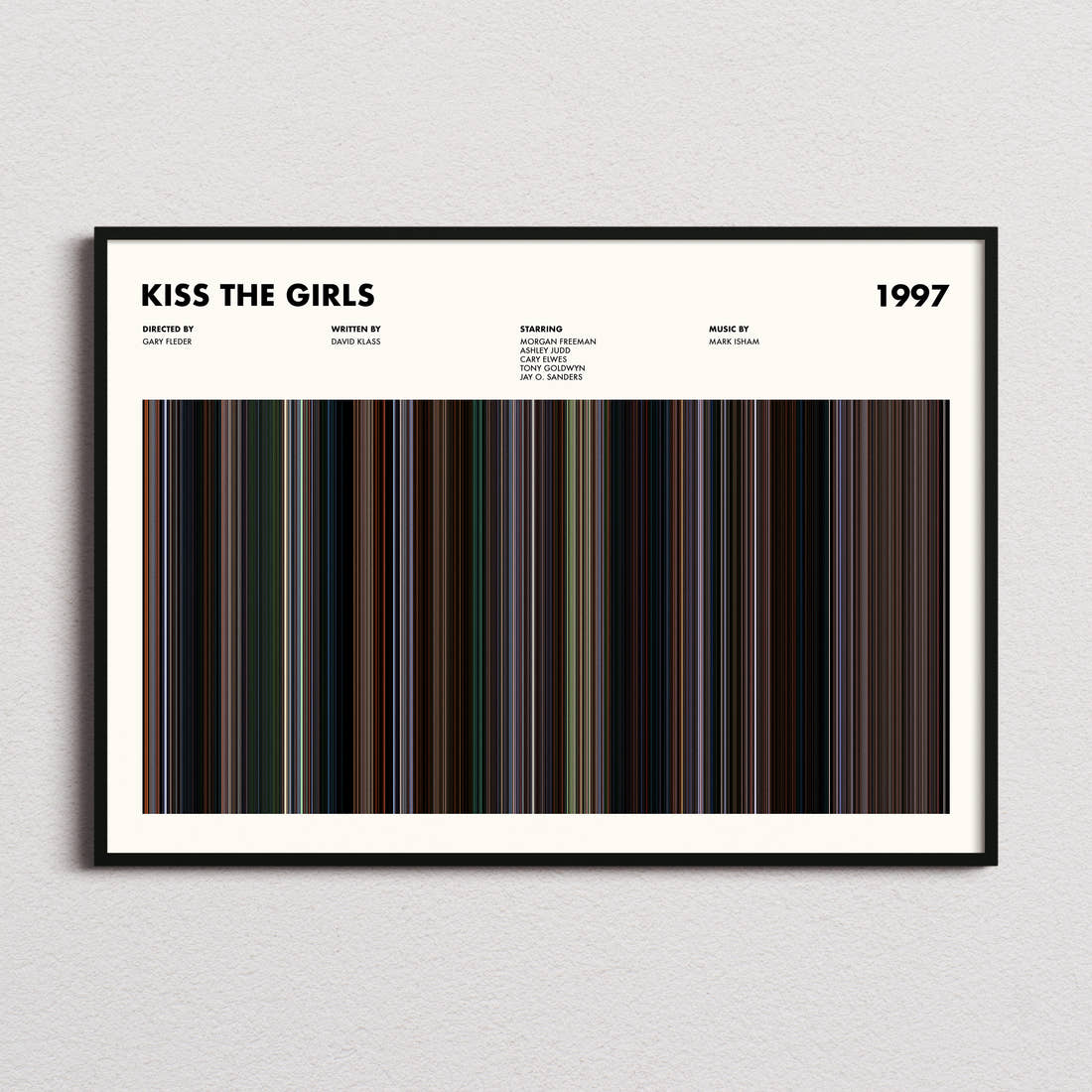 Kiss the Girls Movie Barcode Poster framed and photographed straight on
