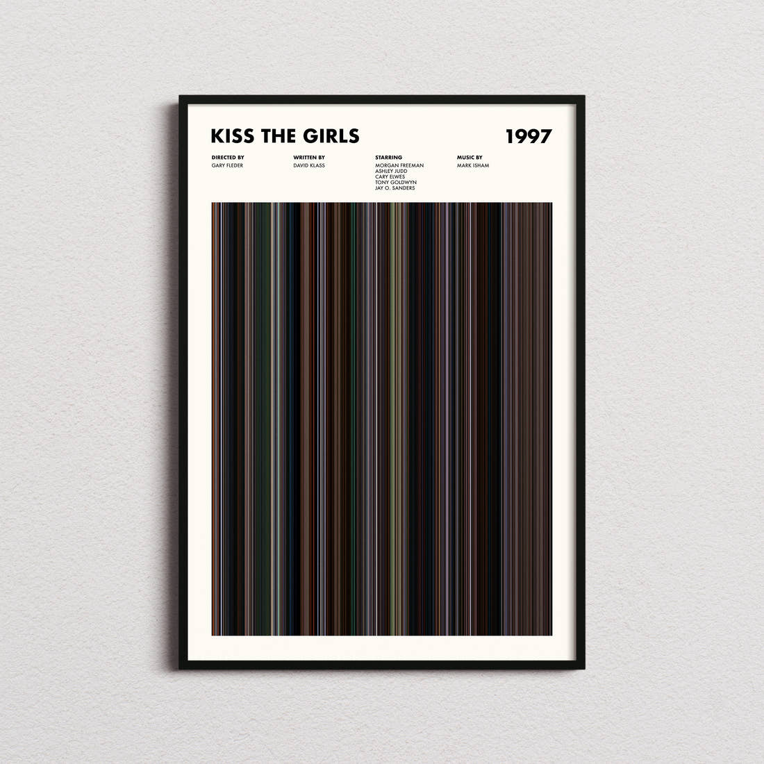 Kiss the Girls Movie Barcode Poster framed on a plain studio wall
