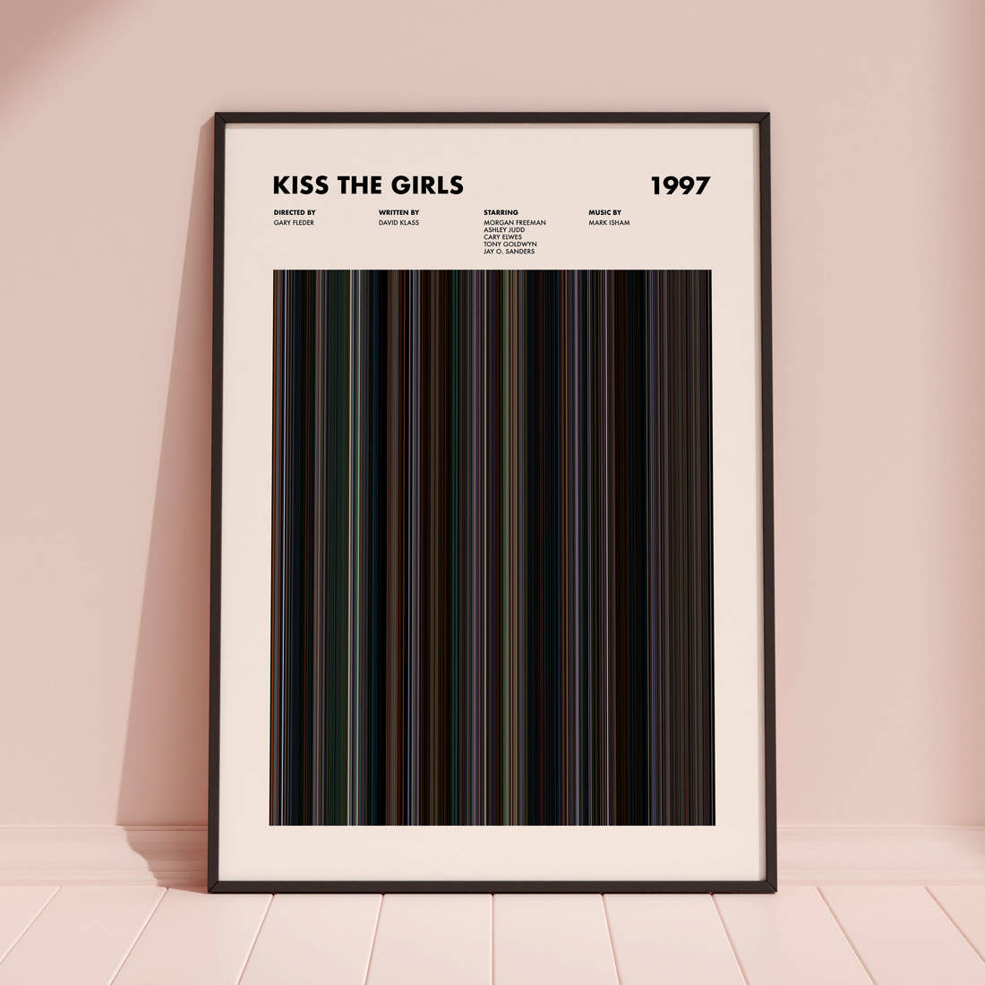Kiss the Girls Movie Barcode Poster framed and leaning against a coloured wall