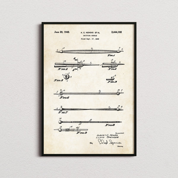 Knitting Needle Patent Print in the aged paper colourway, framed