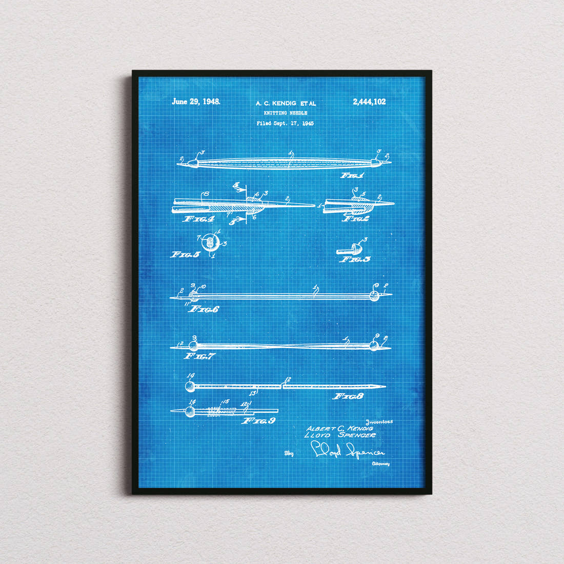Knitting Needle Patent Print in the blueprint colourway, framed