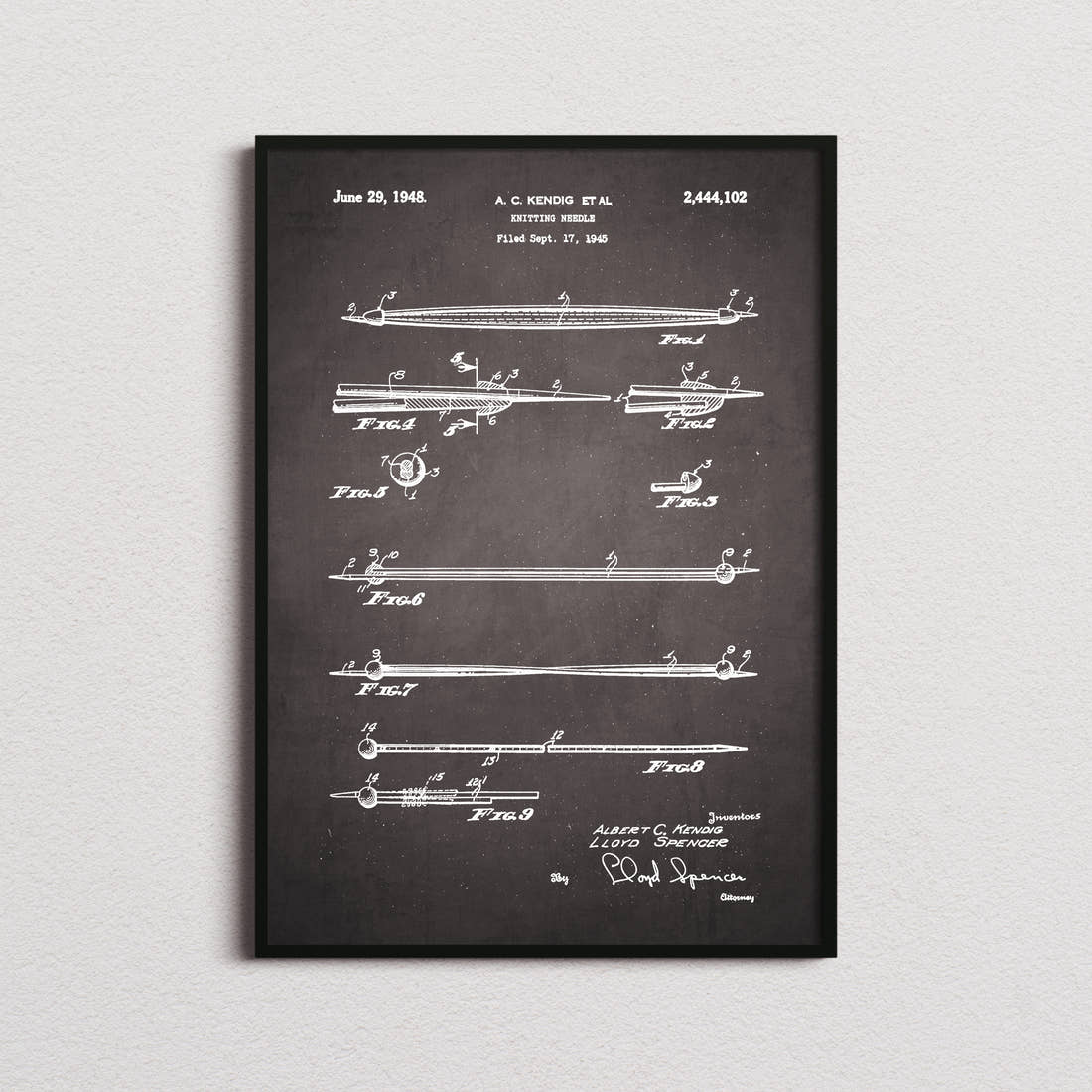 Knitting Needle Patent Print in the blackboard colourway, framed