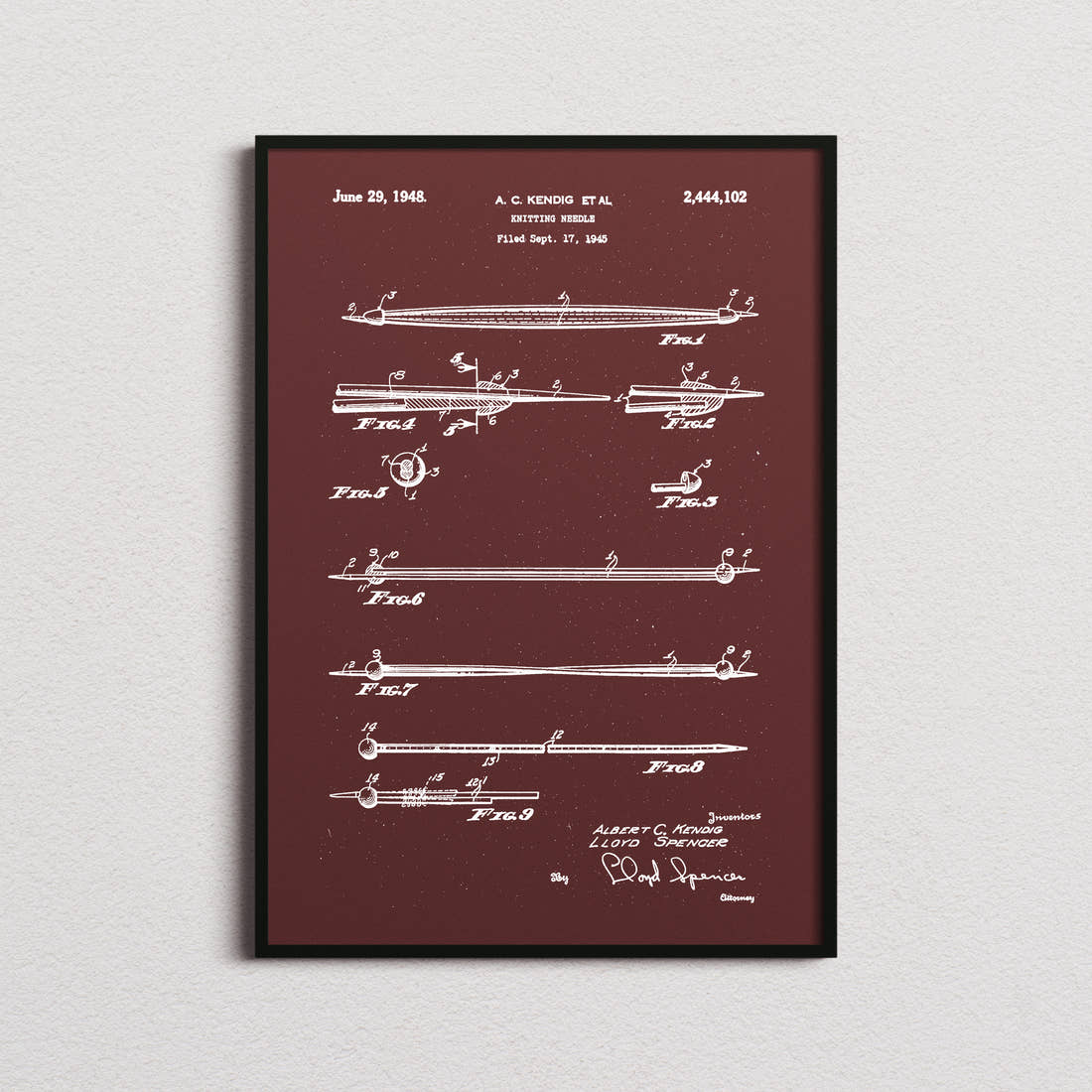 Knitting Needle Patent Print in the burgundy colourway, framed