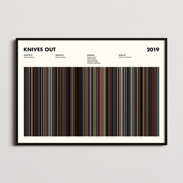 Knives Out Movie Barcode Poster framed and photographed straight on