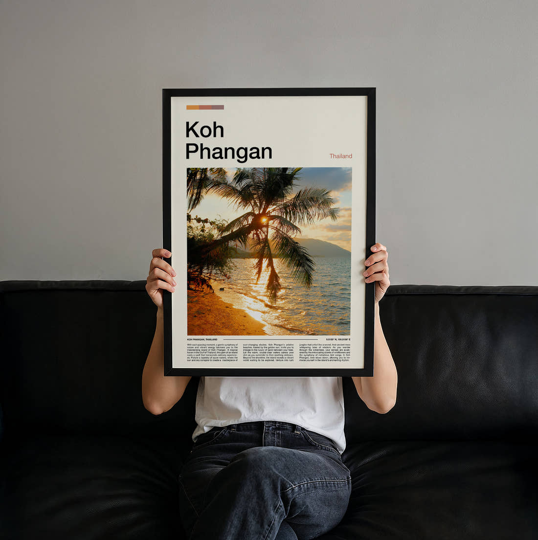 Koh Phangan Palm Trees At Sunset Travel Print held up by hand to show the size of the print