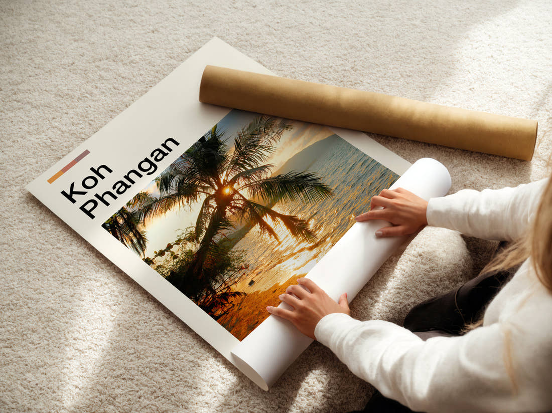 Koh Phangan Palm Trees At Sunset Travel Print being unrolled from its postal tube