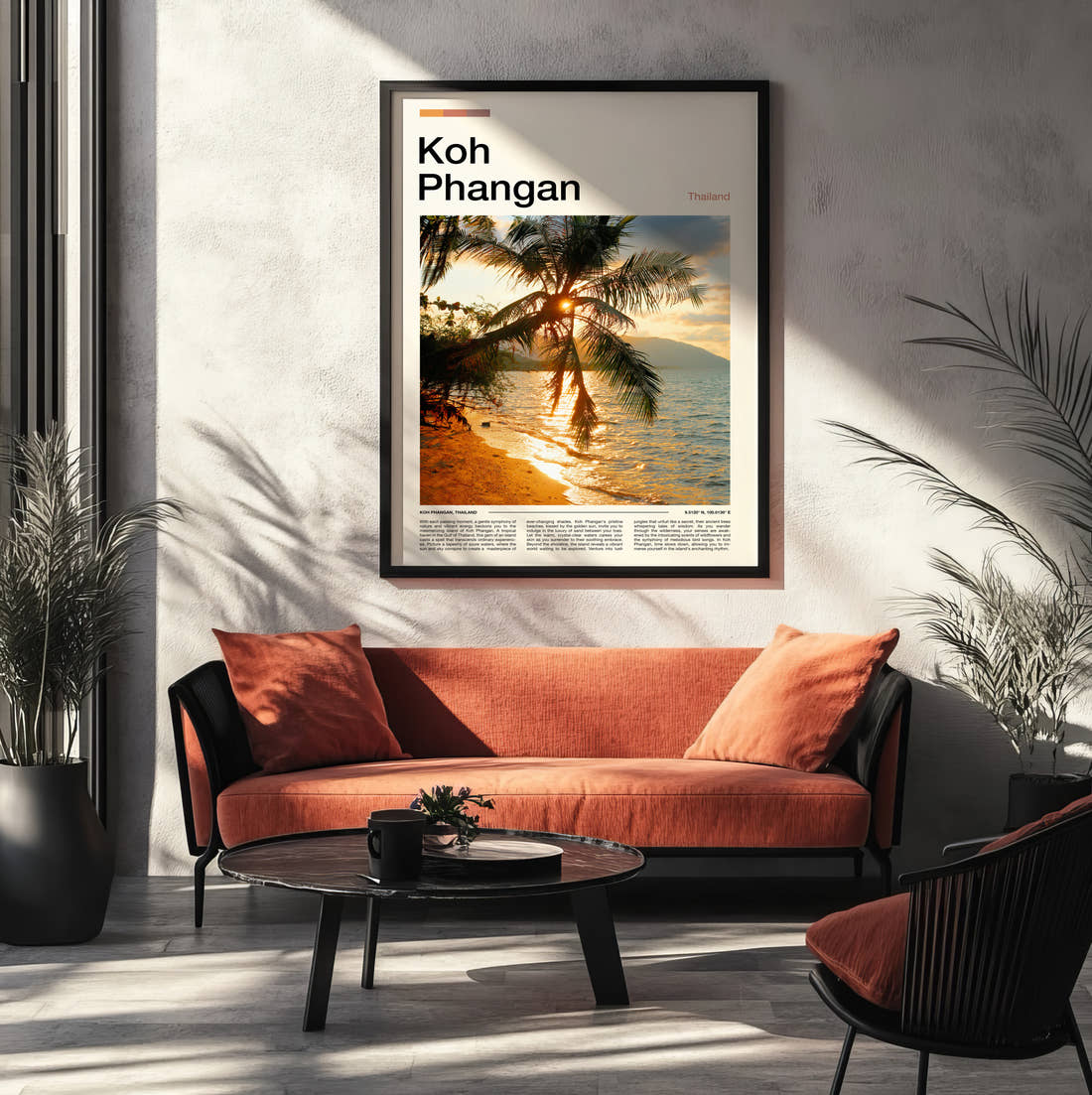 Koh Phangan Palm Trees At Sunset Travel Print framed on the wall of a modern living room
