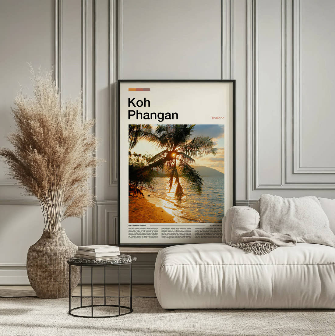 Koh Phangan Palm Trees At Sunset Travel Print framed on the wall of a calm, neutral bedroom